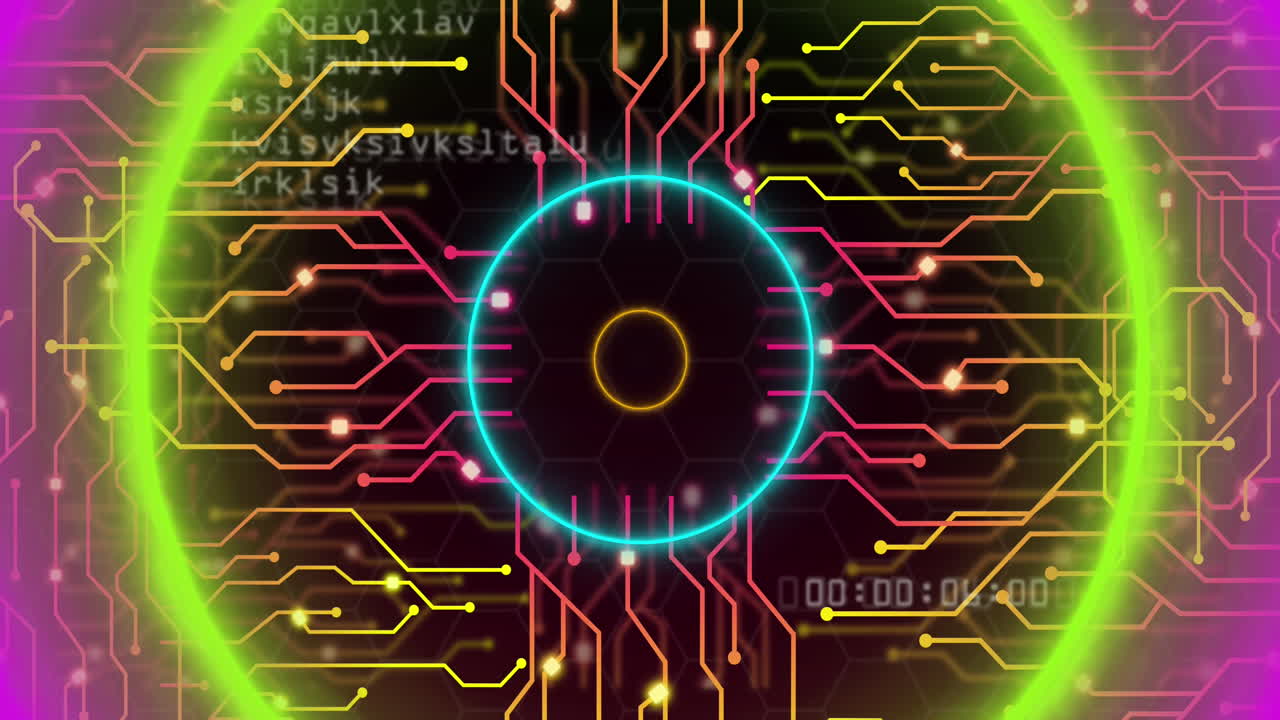 animación de círculos de neón, procesamiento de datos en una placa de circuitos informáticos.