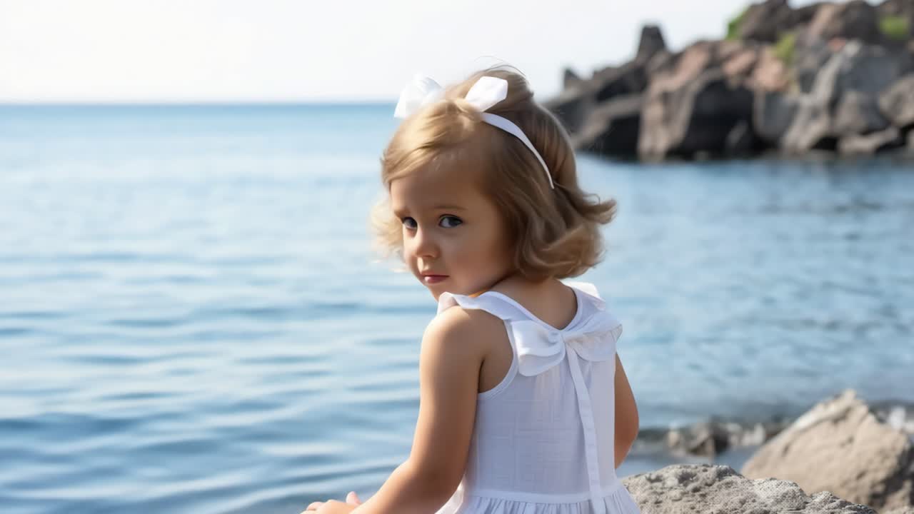 Blonde girl wearing a white dress and a matching bow sits on a rock, enjoying the stunning seaside view on a sunny summer day, embracing the tranquility of nature