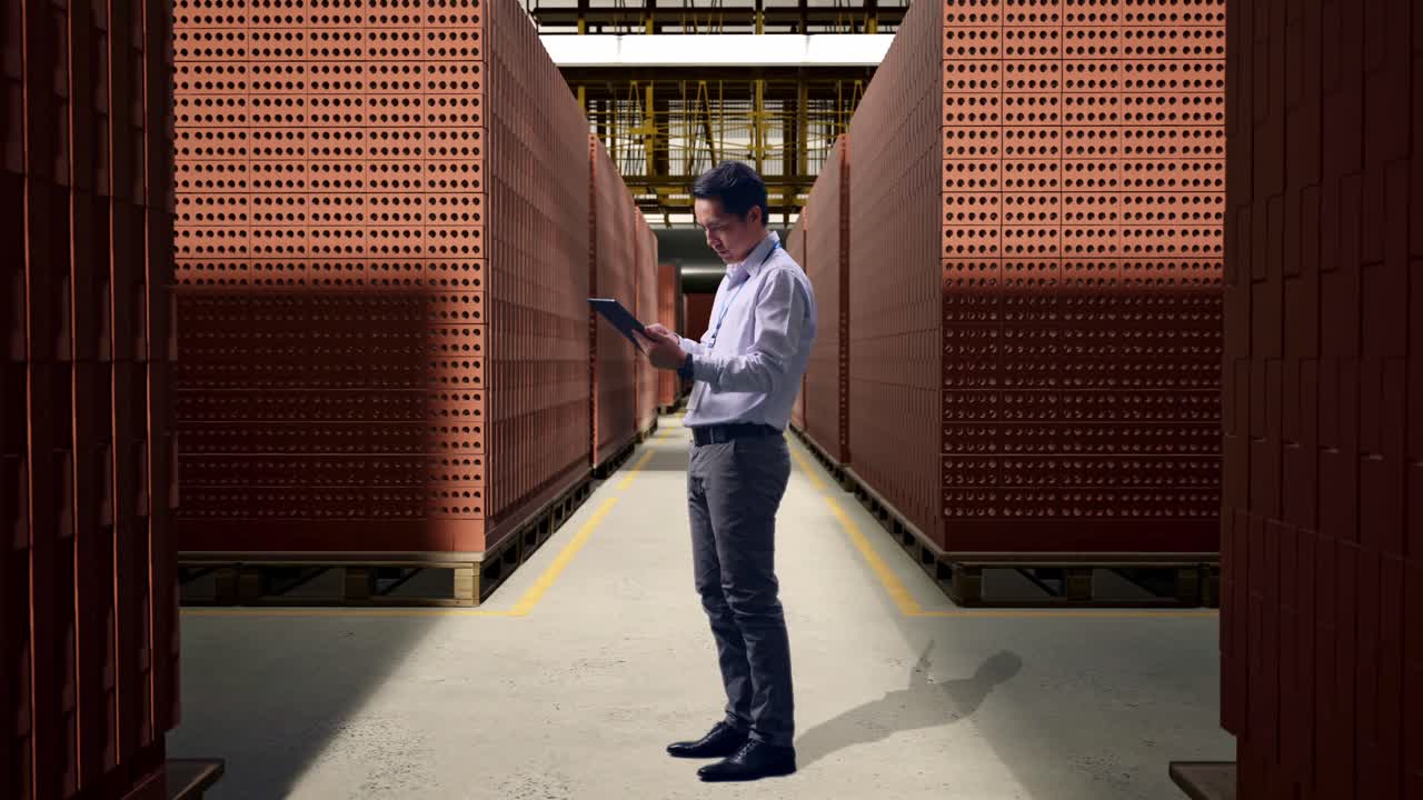 Full Body Side View Of An Asian Male Professional Worker Standing With His Tablet With Red Brick Packed in Stacks Are Stored, Working Continuously With His Tablet