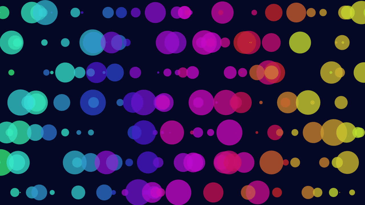 어두운 배경에 다양한 크기와 색조의 치는 원의 활기찬 배열