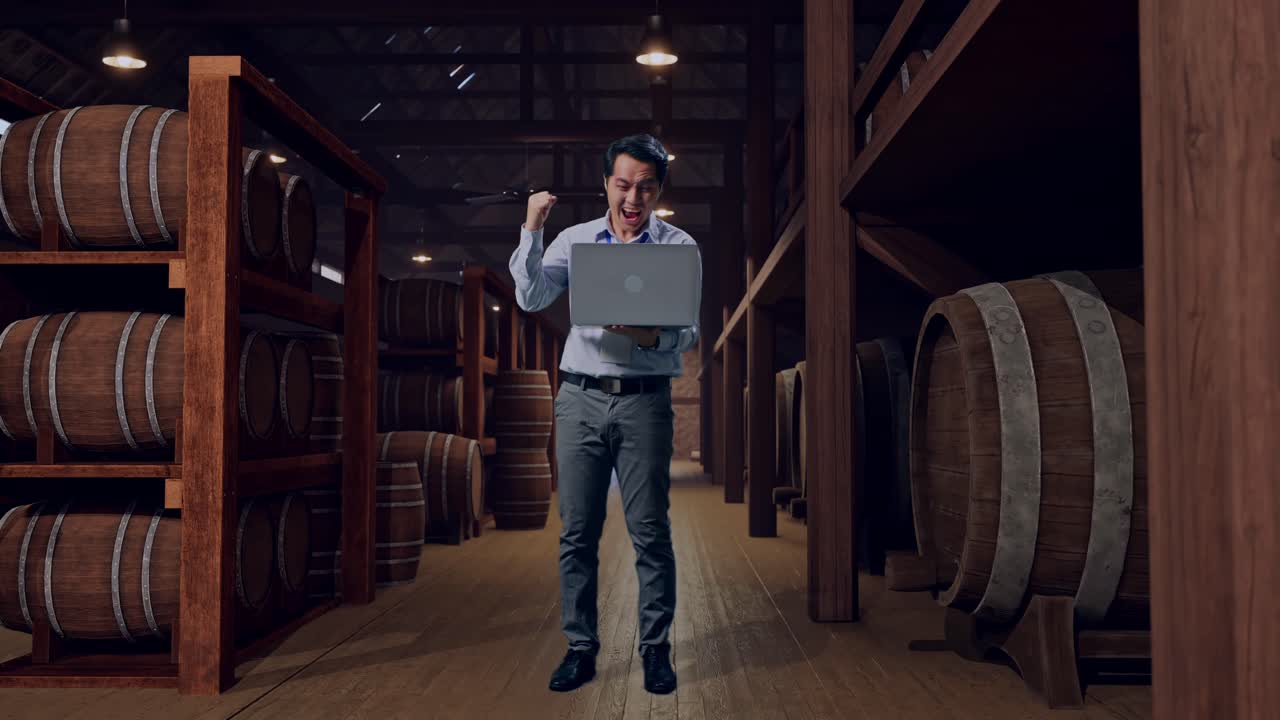 Full Body Of An Asian Male Professional Worker Standing With His Laptop In Cellar Of Winery, He Raises His Fist Up With Screaming Goal
