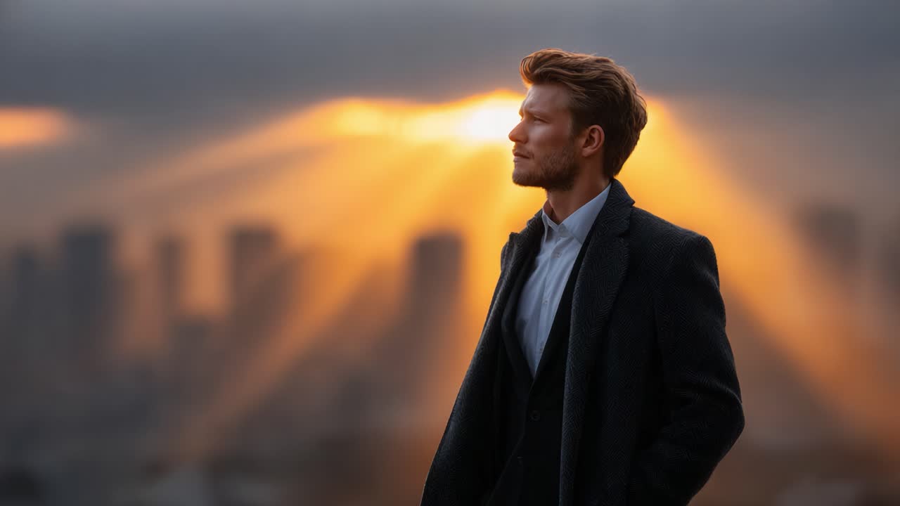 A contemplative moment: A man stands silhouetted against a backdrop of a stunning sunset casting rays of light over a city skyline, embodying serenity and introspection