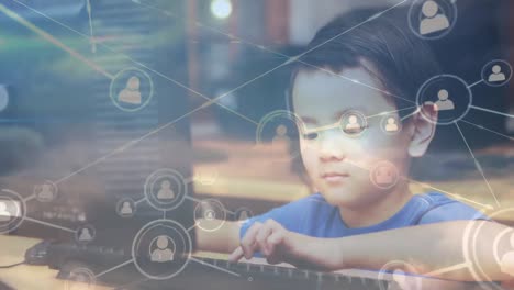 animation of networks of connections over asian boy using computer