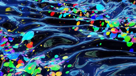 abstract looped background of shiny glossy surface like wavy transparent liquid with rainbow color circles float like drops of paint in oil. Beautiful creative background with color gradient in 4k. 3d