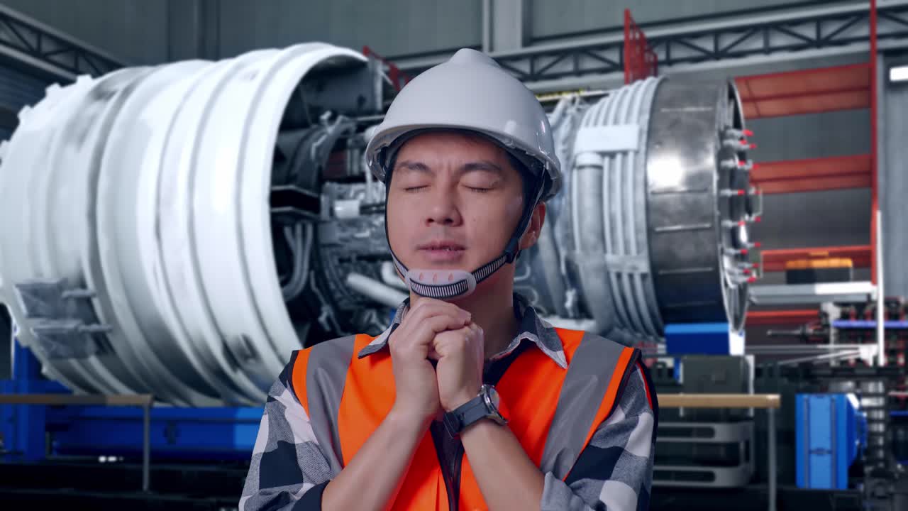 Close Up Of Asian Male Engineer With Safety Helmet Pray For Something While Standing With Airplane Engine Maintenance Conducted, Analytics Checking the Turbine
