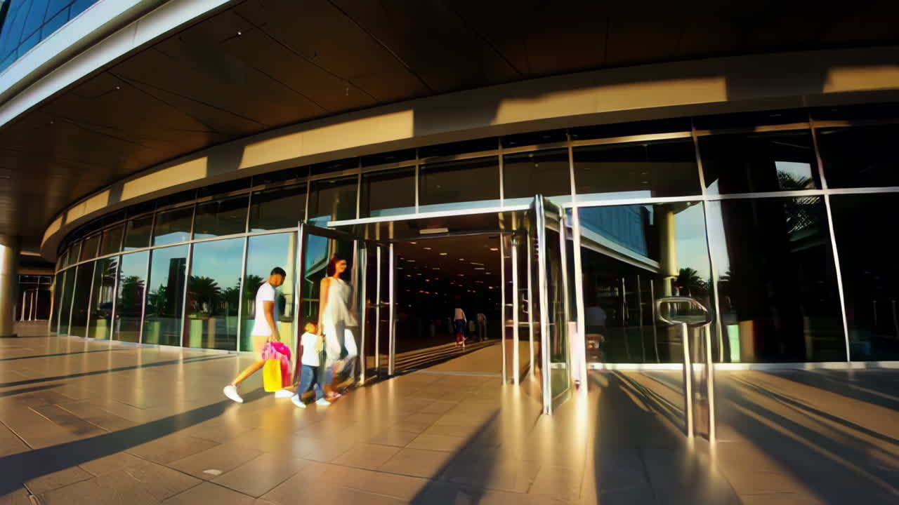 Modern Shopping Mall at Sunset with Family