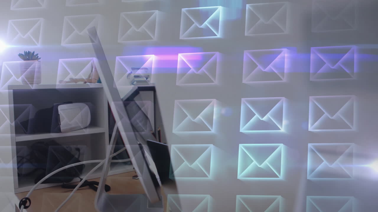 Email icons animation over office workspace with shelves and desk