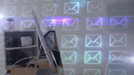 email icons animation over office workspace with shelves and desk