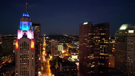 aerial downtown columbus at night - leveque tower, ohio statehouse