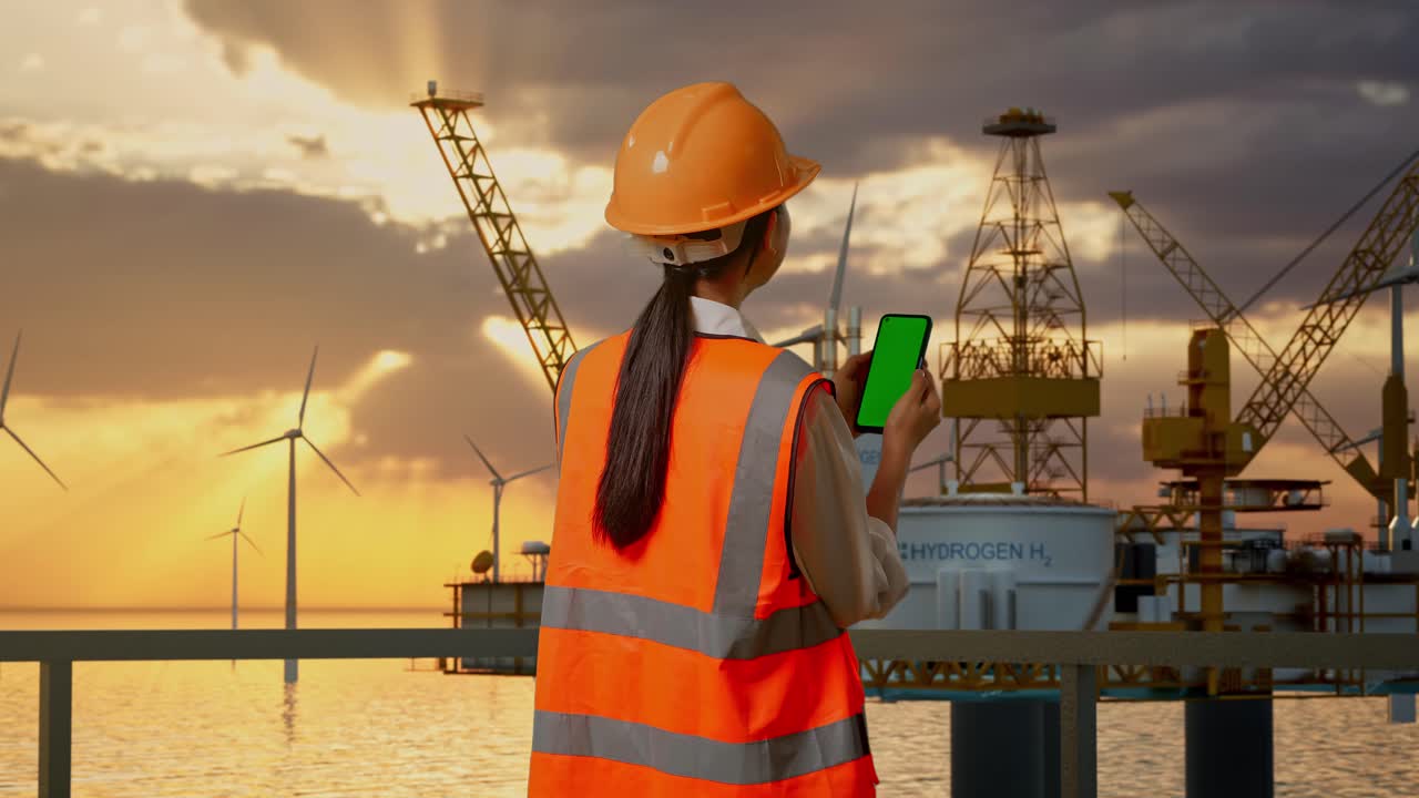 Offshore-ingeniør overvåger vindmøller og olieboreplatform med smartphone med grøn skærm.