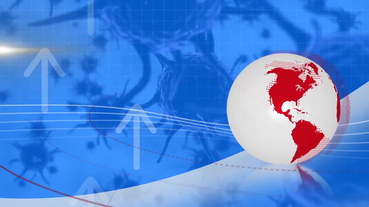 세계 지도와 지구상에 있는 코로나19 세포의 애니메이션과 화살표와 연결