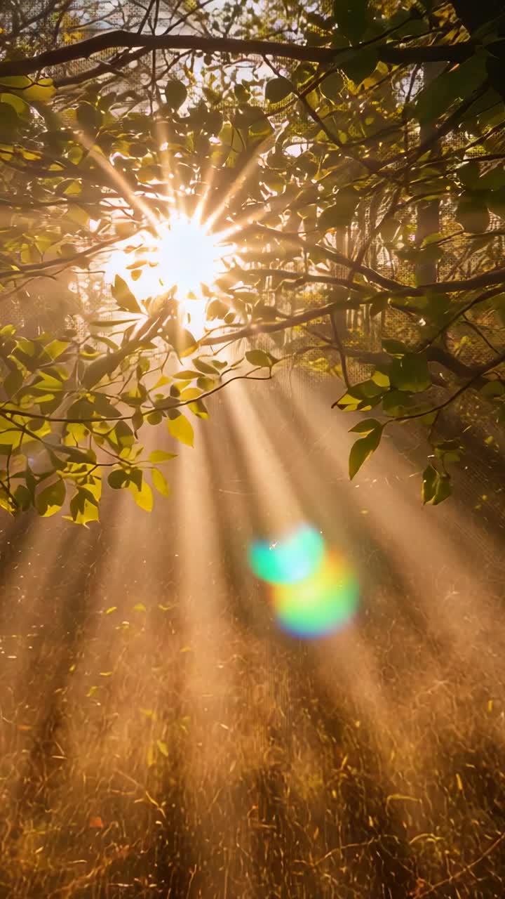 Video im Hochformat: Tief stehende Sonne scheint durch die Äste und wirft goldene Strahlen auf das Gras, wodurch ein blaugrüner Flare entsteht