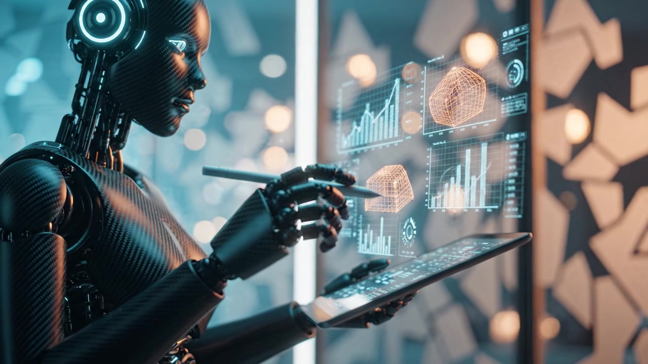 Futuristic robot analyzing data on a holographic tablet, showcasing advanced artificial intelligence and complex graphs in a high-tech environment.