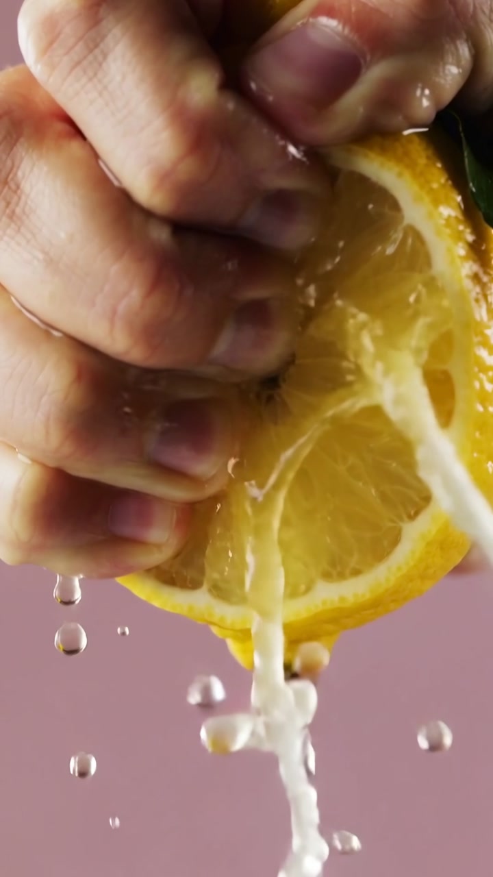 Vertical video: Framing macro hands squeezing lemon half with leaf releasing juice on pink backdrop