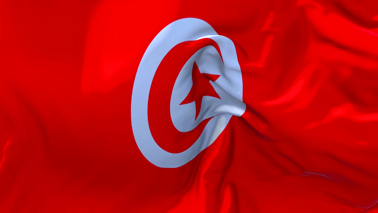 la bandera de túnez ondeando en el viento animación en cámara lenta. 4k textura de tela realista bandera soplando suavemente en un día de viento fondo de bucle continuo sin costuras.