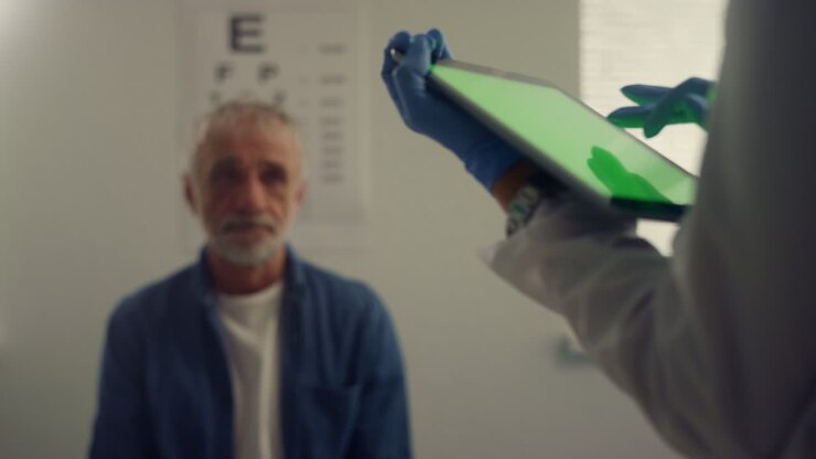 Medico che usa un tablet con schermo chroma key per consultare un uomo, primo piano. Paziente in visita dal medico.