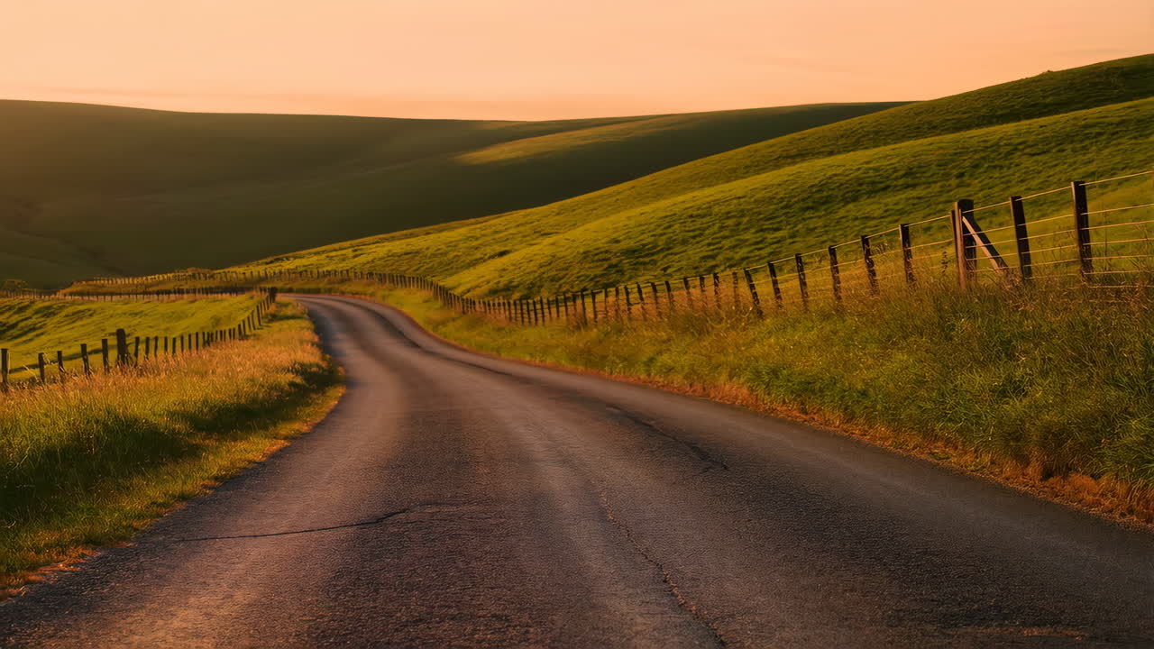 Strada di Campagna Tortuosa Attraverso Colline Verdi al Tramonto