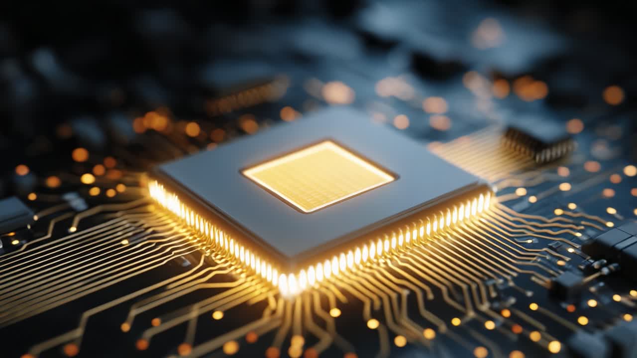 Close-Up of a Modern Microprocessor on a High-Tech Circuit Board, Highlighting Intricate Details of Connections and Light Emission, Showcasing Advanced Technology and Innovation