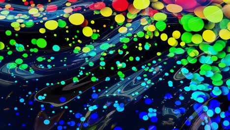 abstract looped background of shiny glossy surface like wavy transparent liquid with rainbow color circles float like drops of paint in oil. beautiful creative background with color gradient in 4k.