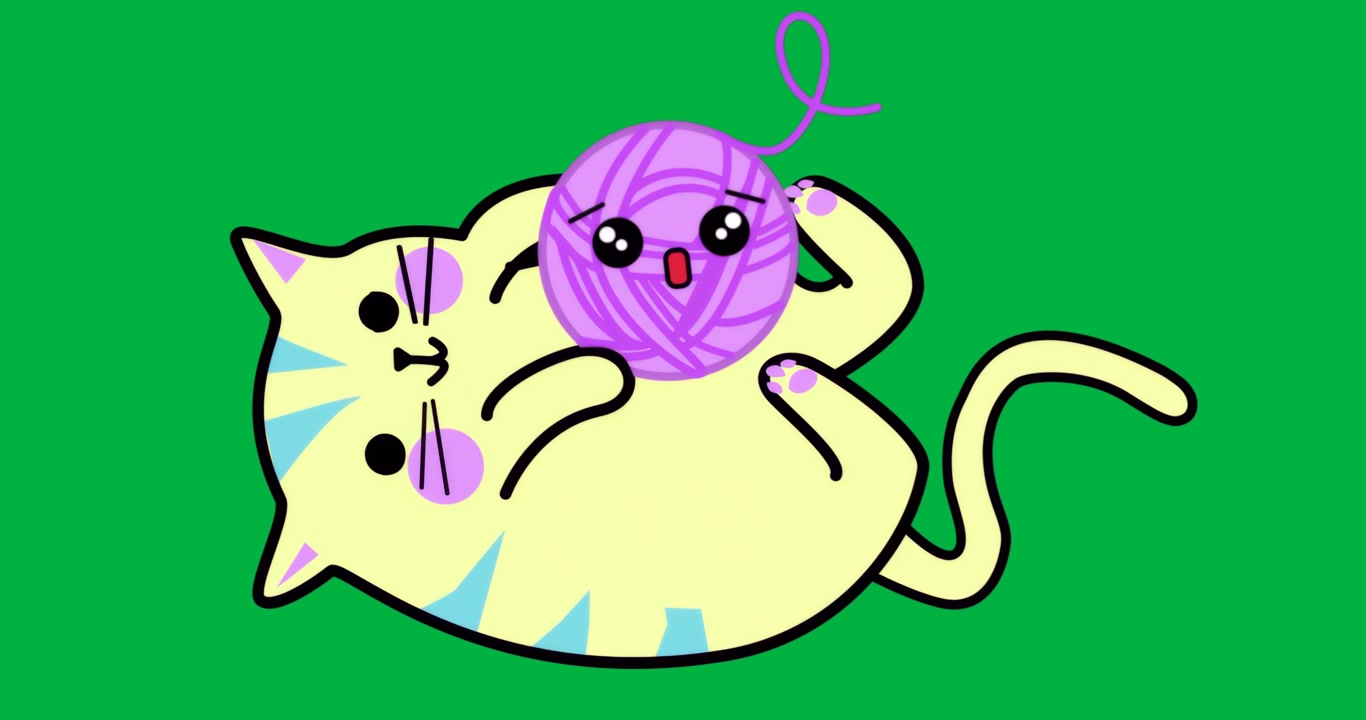 Design gráfico mostrando gato de desenho animado brincando com novelo de lã lavanda em tela transparente.