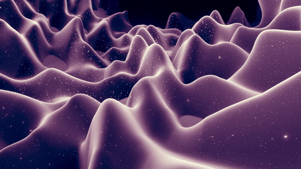 Abstract waves of soft black matte material with light inner glow and glitters on morphing surface. Abstract geometric surface like landscape or terrain, extrude or displace 3d noise. Loop 4k