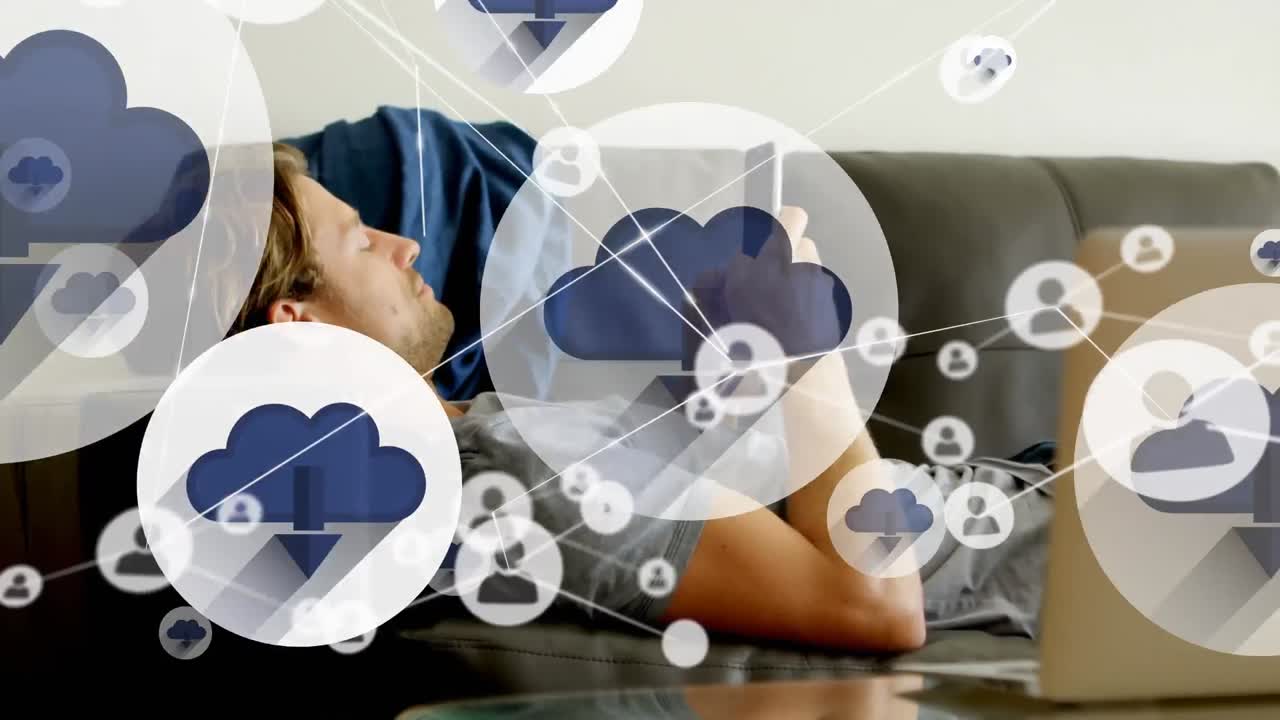 스마트 폰을 사용하여 사람 위에 디지털 아이콘의 애니메이션