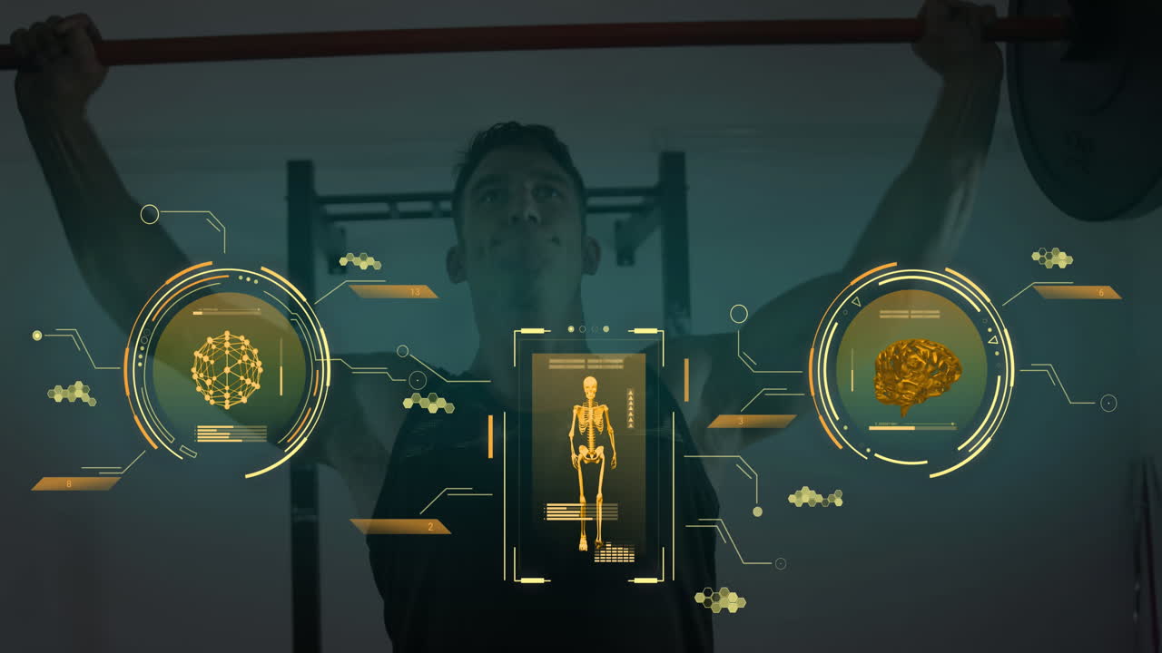 체육관에서 운동하는 백인 남성에 대한 데이터 처리 애니메이션