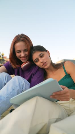 two young women studying outdoors