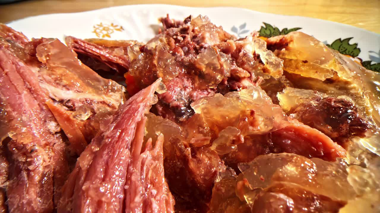 Carne fritta croccante e pezzi di gelatina impilati su un piatto con una ricca consistenza marrone e dettagli saporiti