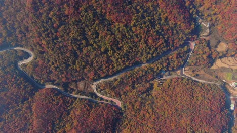 Die-Rot-Gefärbte-Kurvenreiche-Straße-Des-Herbstberges