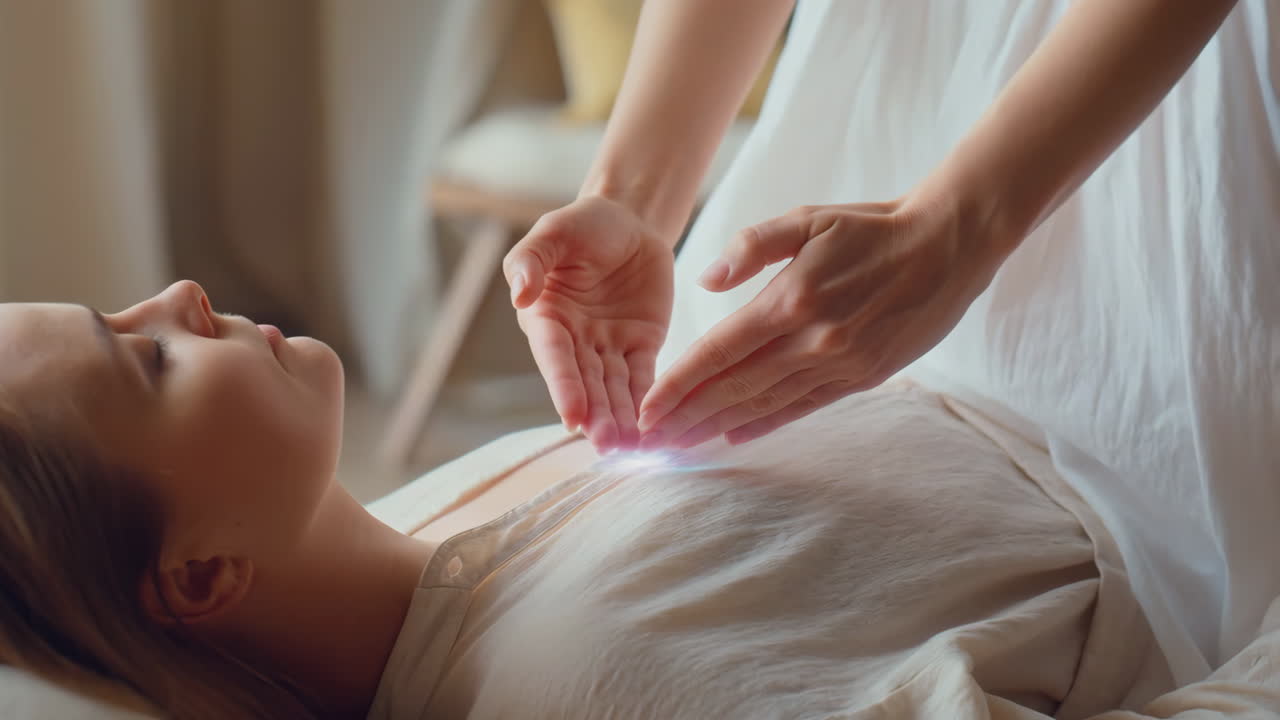 Energy healing session with light glowing from hands