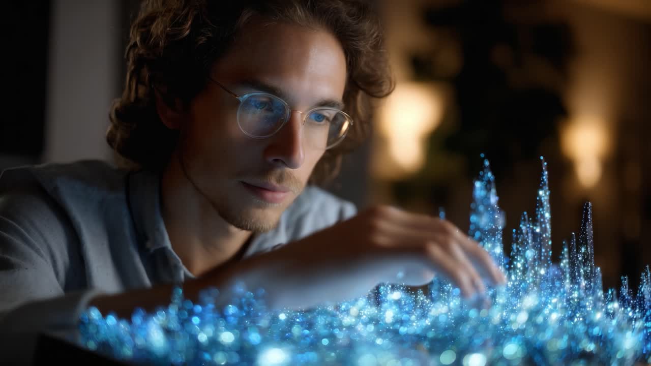 A focused individual interacting with a luminous, three-dimensional representation of abstract data or landscapes, highlighting innovation and creativity in digital art