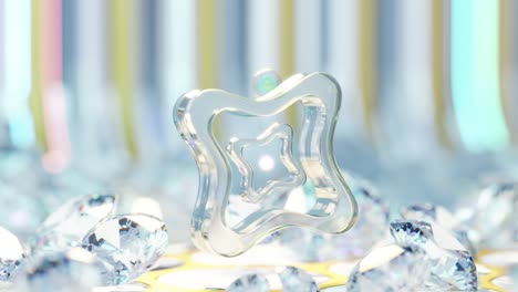 3d rendering of ball rolling on transparent gear near diamonds