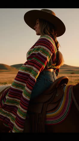 cowgirl riding horseback in a golden field at sunset
