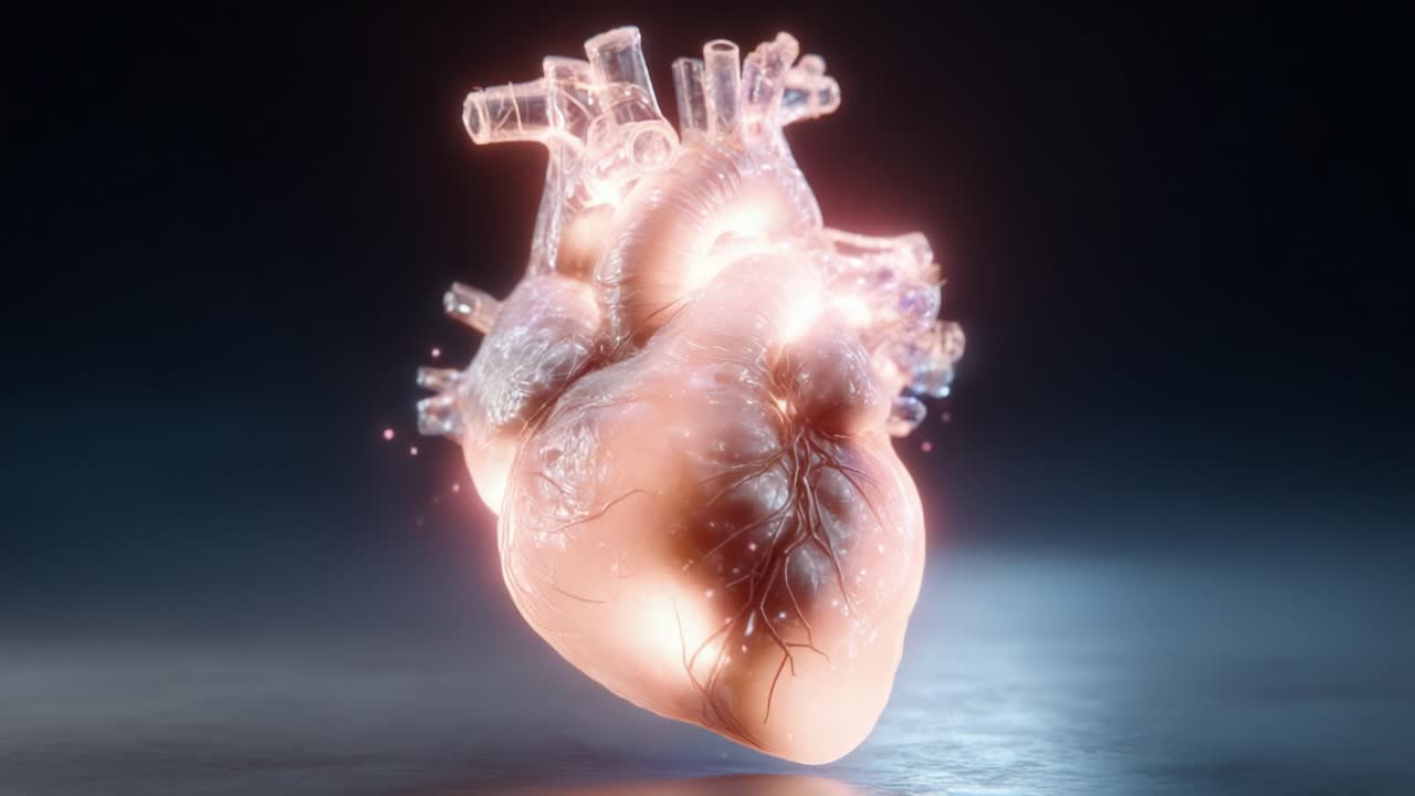 A mesmerizing 3D rendering of a human heart illuminated from within, showcasing intricate details and a glowing surface that captures the essence of life and vitality