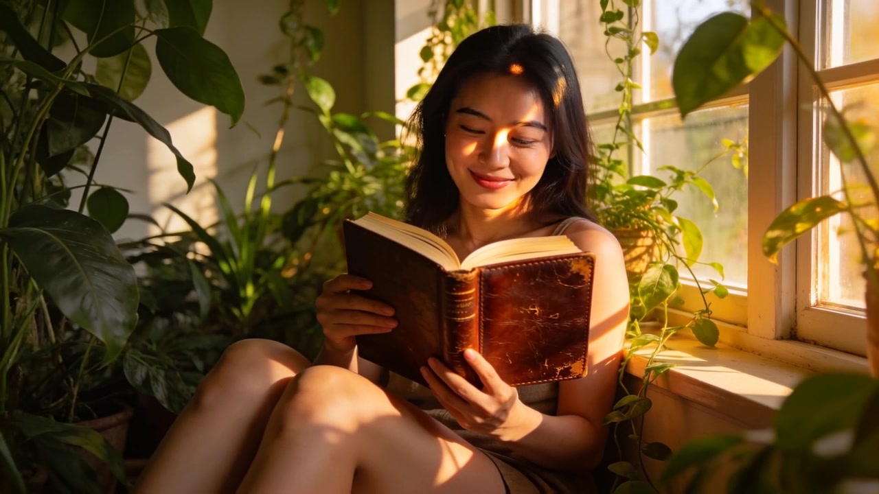 Mujer en un rincón con plantas, parpadeando mientras lee un libro encuadernado en el asiento de la ventana, reaccionando al cambio de la luz solar.