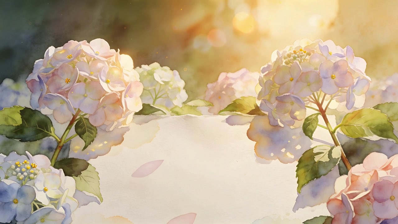 Sunlight growing, hydrangea blooms releasing pink petals onto blank paper in painted garden bokeh