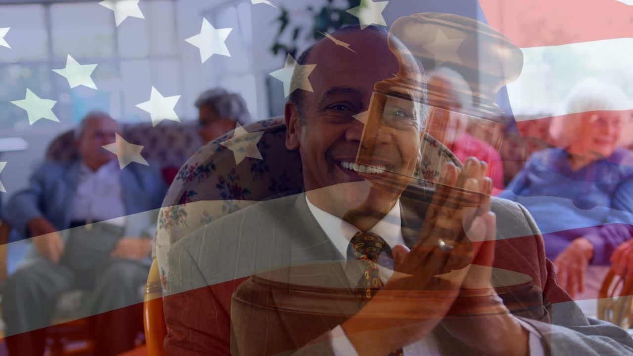 미국 국기와 하벨의 애니메이션 아프리카계 미국인 사업가와 고위 다양한 사람들