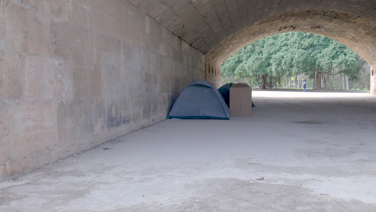 Homeless encampment under an overpass in a park