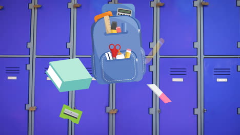 animación digital de los iconos del concepto escolar flotando contra los armarios de la escuela en el fondo