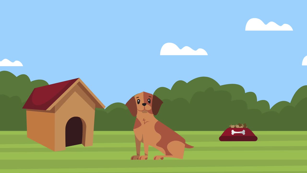 캠프에 있는 집과 함께 귀여운 개 마스코트와 음식