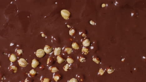 close up overhead shot of hazelnuts being dropped into melted chocolate sauce