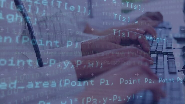 Animation of computer language over midsection of diverse people typing on keyboard