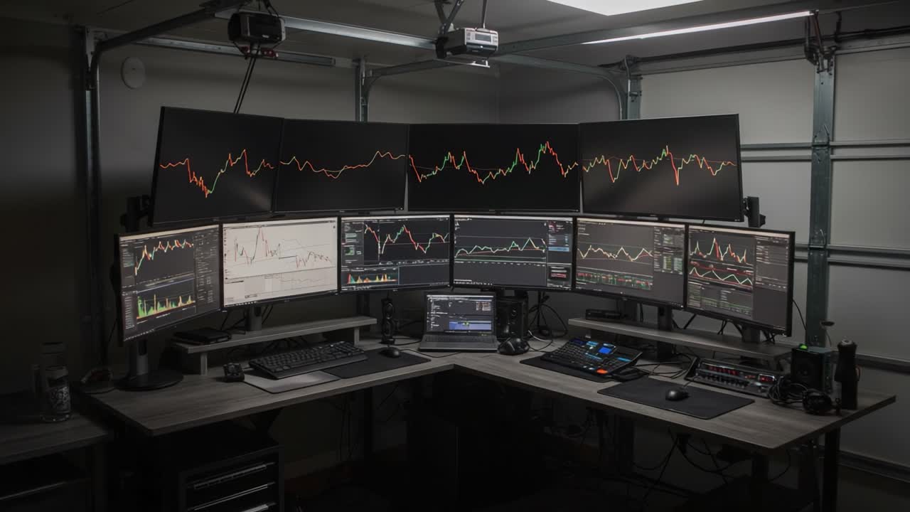 Advanced Trading Setup: A High-Tech Desk with Multiple Monitors Displaying Financial Charts and Data for Strategic Market Analysis