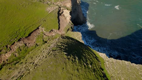 immersive tilt down aerial view of some cliffs with birds flying around on a sunny day, cucao chiloe chile