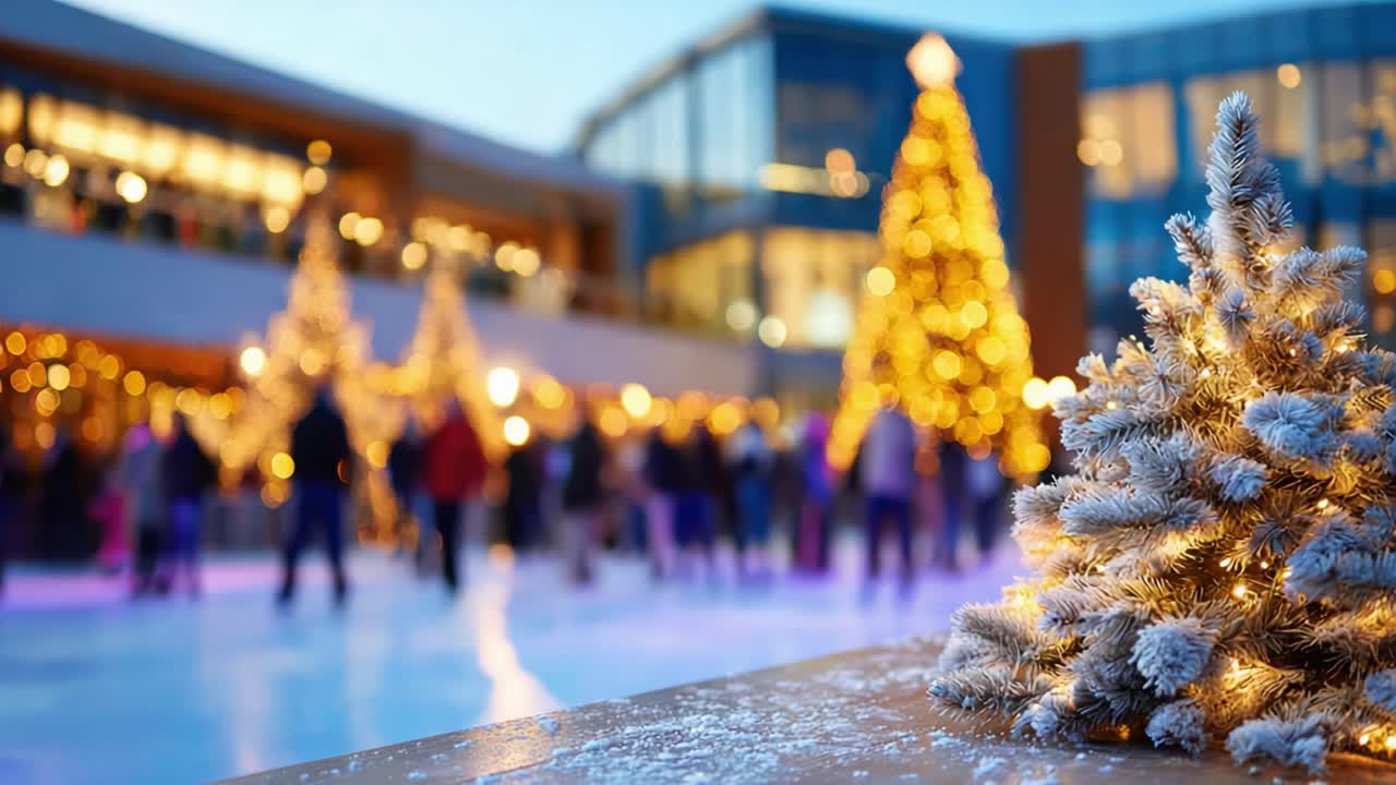 A Magical Winter Wonderland Featuring Winter Skaters Amidst Beautifully Decorated Christmas Trees with Sparkling Lights and a Frosty Atmosphere
