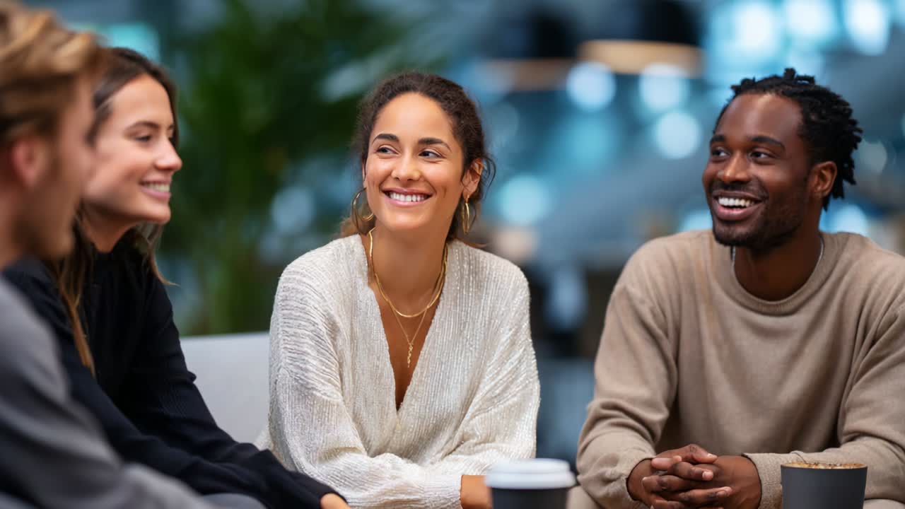 Engaging Conversation Among Friends in a Modern Setting: A Group of Diverse Individuals Sharing Laughter and Ideas, Creating Lasting Memories and Connections in a Warm Atmosphere