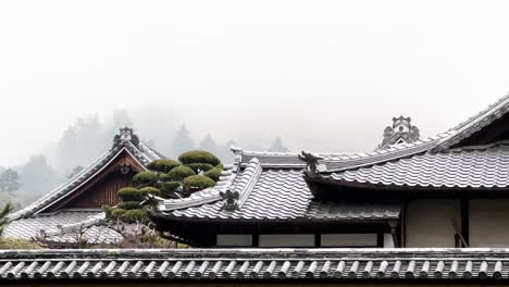 Asiatische-Dächer-Mit-Nebligem-Hintergrund,-Nara,-Japan