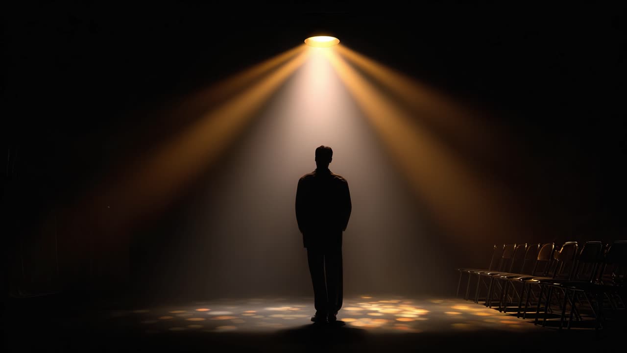 Una figura solitaria si erge sotto i riflettori in uno spazio vuoto, a simboleggiare introspezione, solitudine e la ricerca di significato in un ambiente scarsamente illuminato