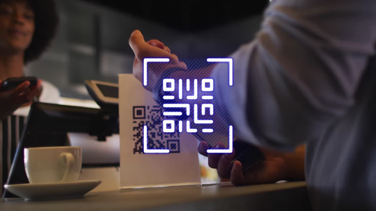 Animation of qr code over biracial man paying in cafe with smartwatch